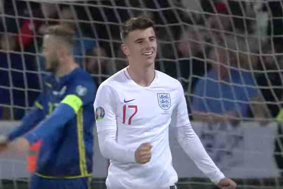 Chelsea's Mason Mount reacts to scoring his first England goal