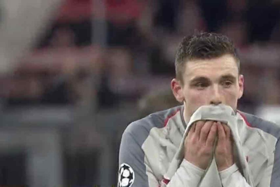 GIF: Andy Robertson reacts to being ruled out of Liverpool's quarter-final first leg