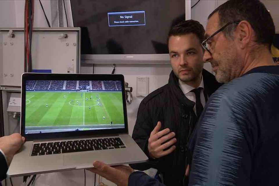 Maurizio Sarri whips out his laptop to claim Harry Kane was offside