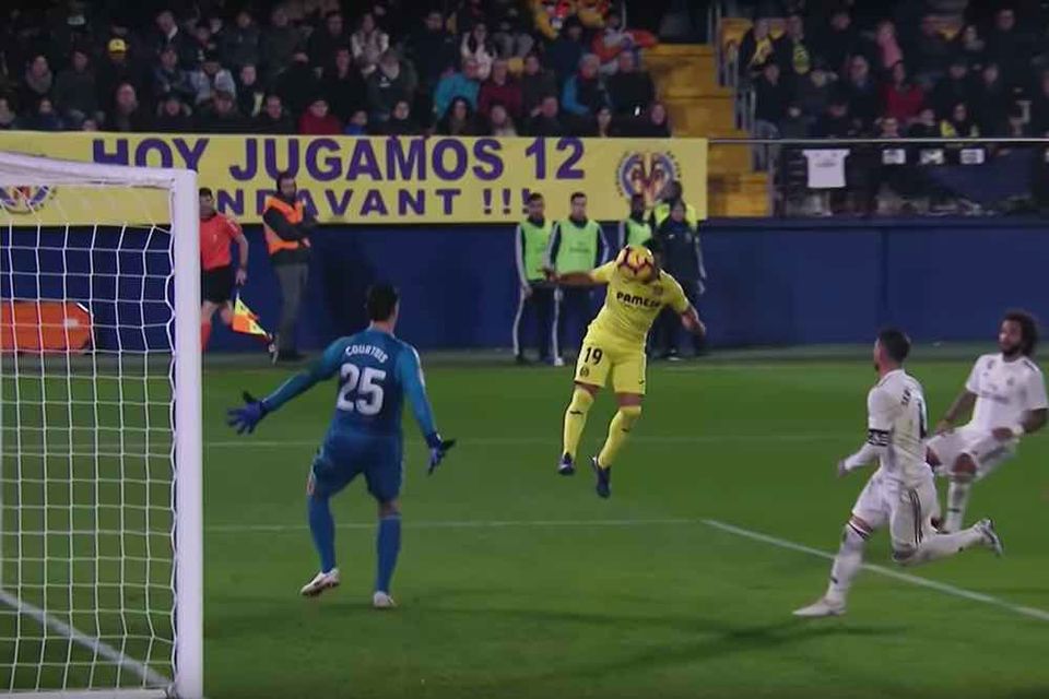 Video: Former Arsenal star Santi Cazorla (5ft 6in) scores a header past ex-Chelsea keeper Thibaut Courtois (6ft 6in)
