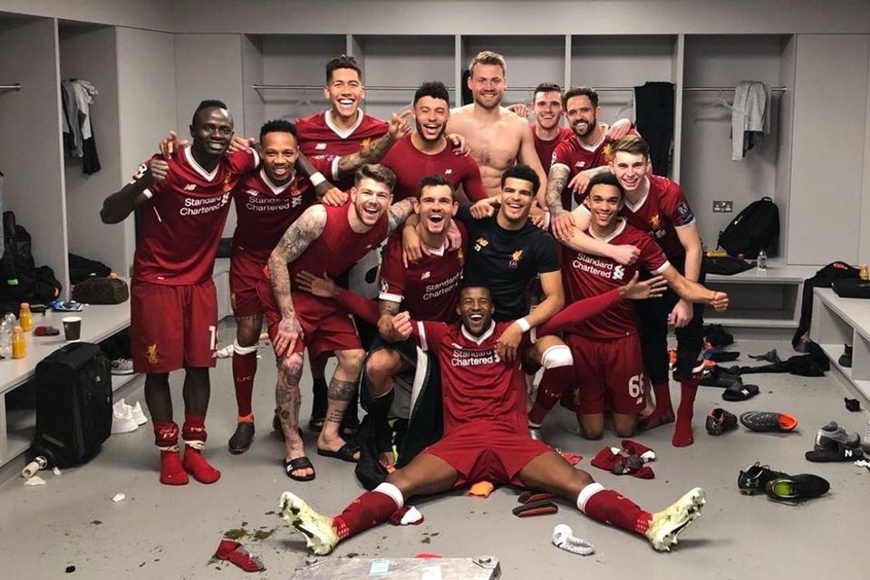 Liverpool's dressing room celebrations after beating Man City