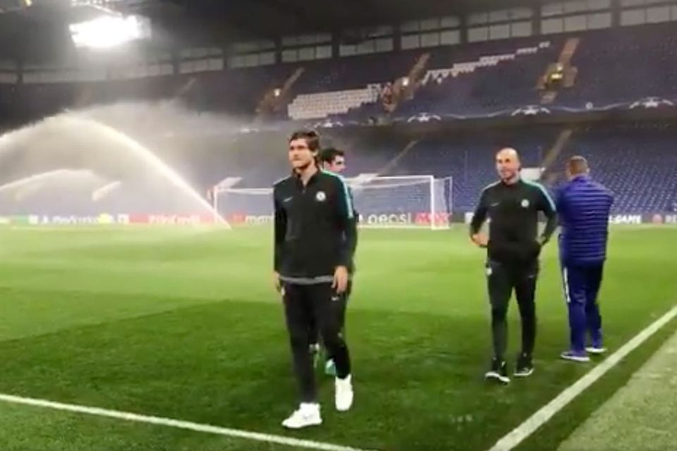 Video: Chelsea players check out the Stamford Bridge pitch ahead of Roma game